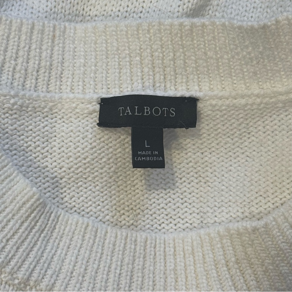 Talbots - White 100% Cotton - Puff Sleeve - Cable Knit Sweater - Large - Picture 7 of 10
